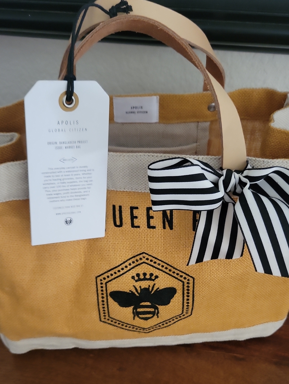 Apolis Original Market Bag Yellow Canvas Tote with Bee Motif and Striped Bow